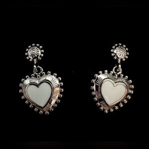 Vintage Trifari Silver Tone & White Enamel Heart Dangle Earrings Pierced Signed